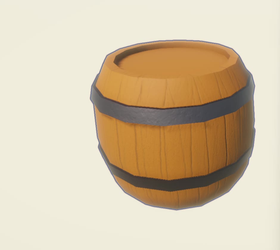 The finished barrel: orange-brown wooden planks with dark grooves, a sunken lid and two dark metal hoops.